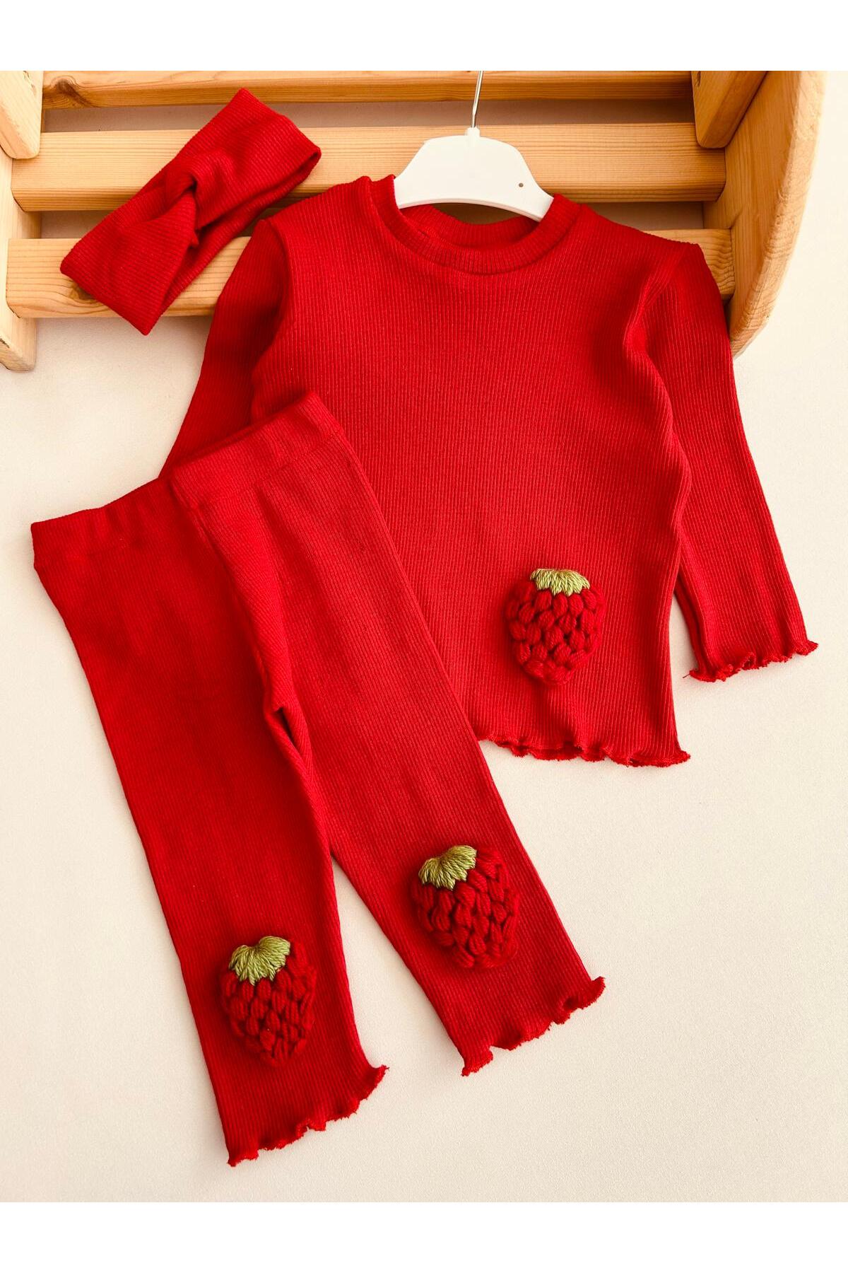 Kız Bebek Ve Çocuk Çilek Detaylı Bandanalı Taytlı Takım