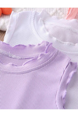 Kız Bebek Ve Çocuk 3 Adet Yazlık Kaşkorse T-shirt Set Lila Beyaz Pembe 2 2